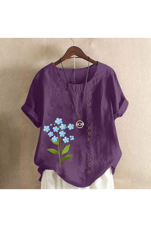 Short Sleeve Womens Tops Plus Size Women's Plus Size Floral Print T-Shirt Linen-Look Button Detail Top