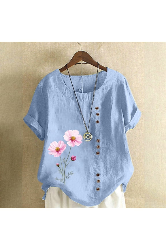 Short Sleeve Womens Tops Plus Size Women's Plus Size Floral Print T-Shirt Linen-Look Button Detail Top