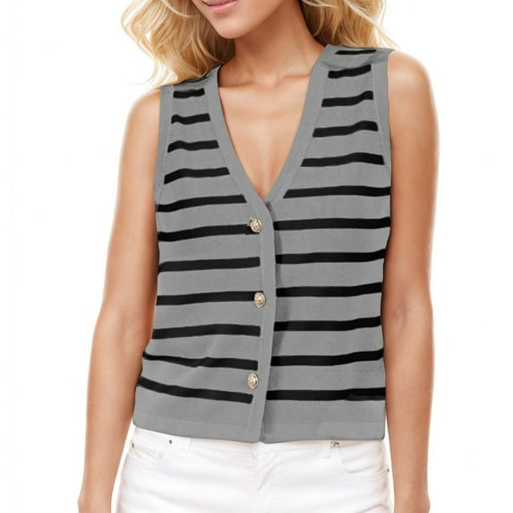 Spring Tops for Women!ChaoHeng Sleeveless Tops for Women Free Shipping Summer Sleeveless Shirts for Women 2025 Women's Casual Loose Cardigan Button Striped V-Neck Sweater Tops