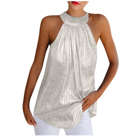 ChaoHeng Sleeveless Tops for Women Plus Size Summer Sleeveless Tops for Women Summer Solid Sequined Sleeveless Casual Tunic Top Tank Shirt Vest