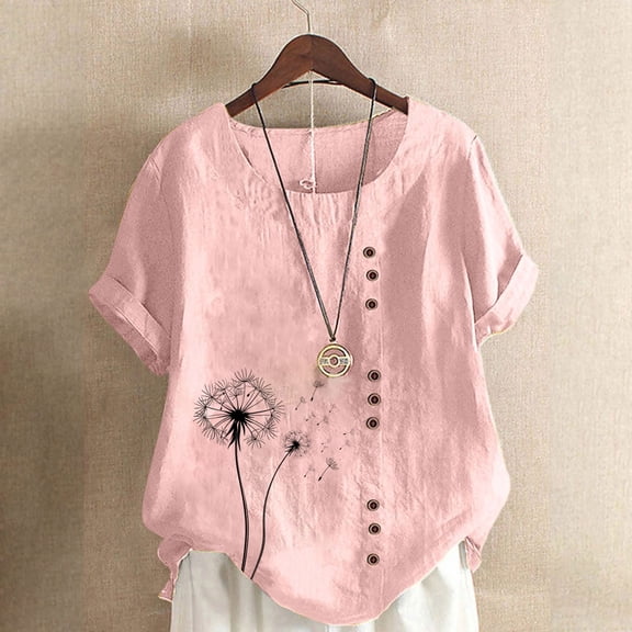 ChaoHeng Summer Blouses Plus Size Floral Linen-Like Button Shirt Women's Short Sleeve Tunic Blouse,Pink M