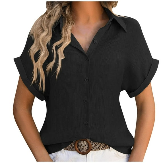 ChaoHeng Summer Blouses for Women under $10.00 Summer Blouses Plus Size 2024 Women's Spring/summer New Women's Casual Pleated Shirt with Loose Short Sleeve Pocket
