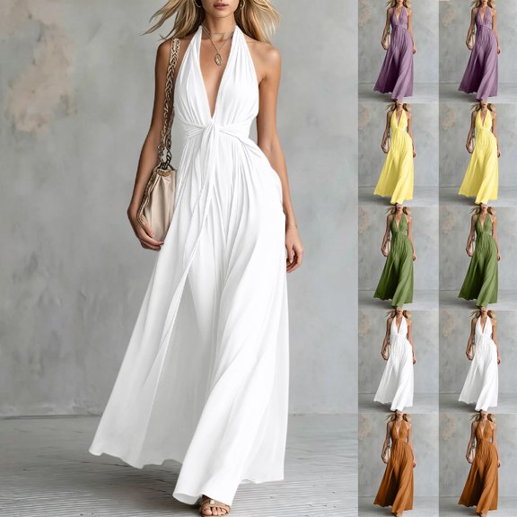 ChaoHeng Summer Dresses for Women Solid High Waist Sleeveless Basic Loose Casual Green S