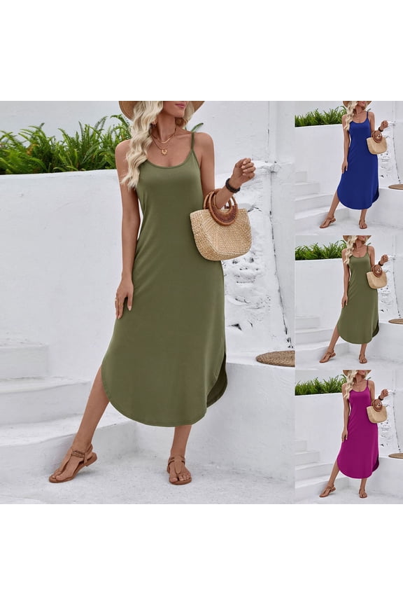Summer Dresses Dresses for Women Solid Round Neck Sleeveless Mid Calf Casual Everyday Womens Summer Dresses Hot Pink S