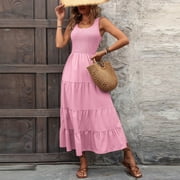 ChaoHeng Summer Dresses for Women 2025 Women's A-Line Slip Dress Ruffled Hem Round Neck, Sleeveless Solid Color,Pink S