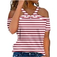 thumbnail image 1 of ChaoHeng Summer Tops Short Sleeve Summer T-Shirts for Women Deals Women's Summer Fashion Striped Print V-neck Off Shoulder Casual Short Sleeved Top Short Sleeved V-neck Top/shirt, 1 of 1
