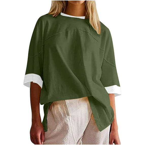 ChaoHeng Summer Tops Women Oversized Color Block Short Sleeve T Shirt Crewneck Patchwork Split Hem Shirt Casual Loose Summer Tee Top, of the Day