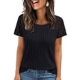 thumbnail image 1 of ChaoHeng Summer Tops for Women 2025 Vacation Cotton Plus Size Blouses for Women Women's Summer Solid Color Round Neck Lace Patchwork Short Sleeved Striped Top T-shirt, 1 of 6