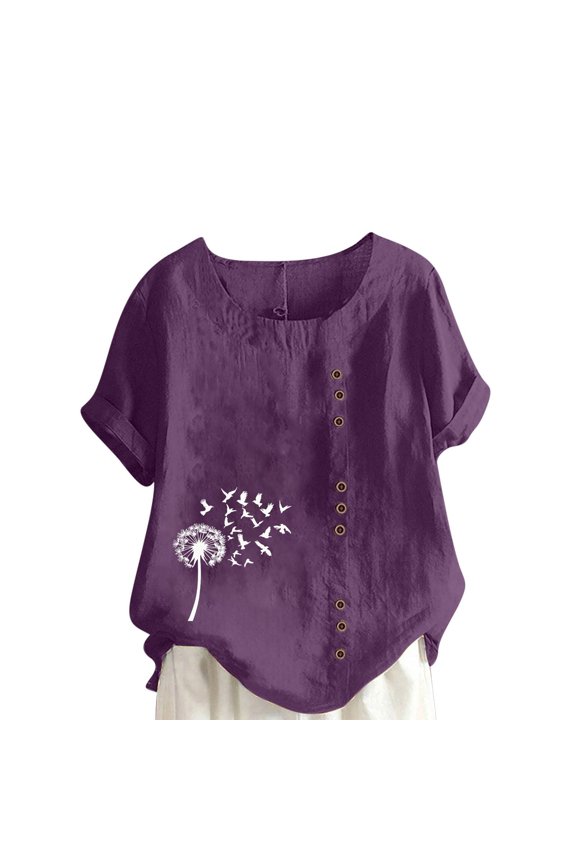 Summer Tops for Women Women Fashion Casual Linen Printed Short Sleeve Button T-shirt Blouse Purple XXL