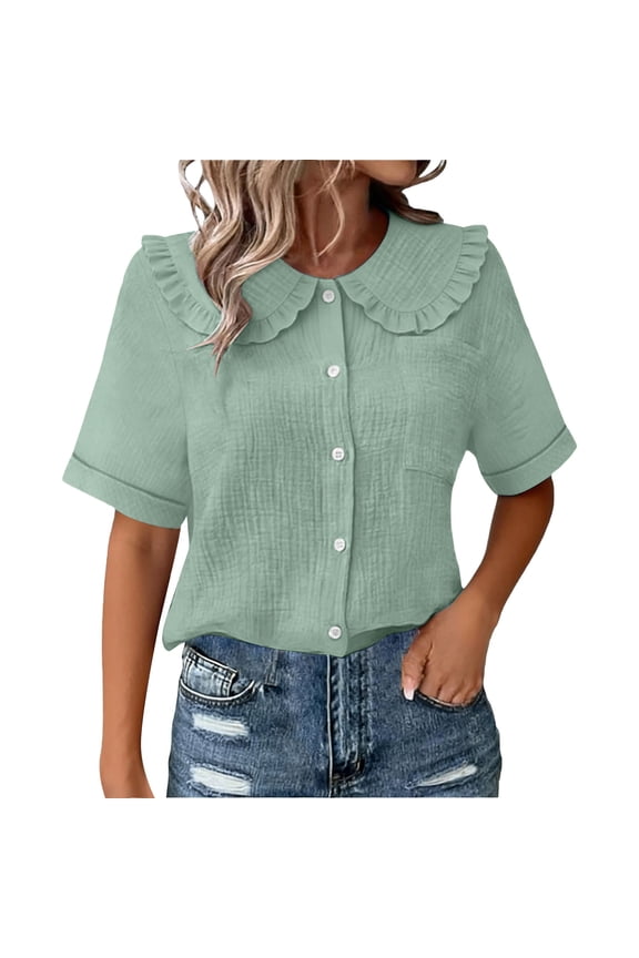 Summer Tops for Women Spring Long Sleeve Collared Solid Color Button Down Casual Shirts Green S