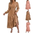 thumbnail image 1 of ChaoHeng Sundresses for Women Sundresses for Women Solid V Neck Ruffle Long Sleeve Loose Daily Casual Dress Khaki XL, 1 of 9