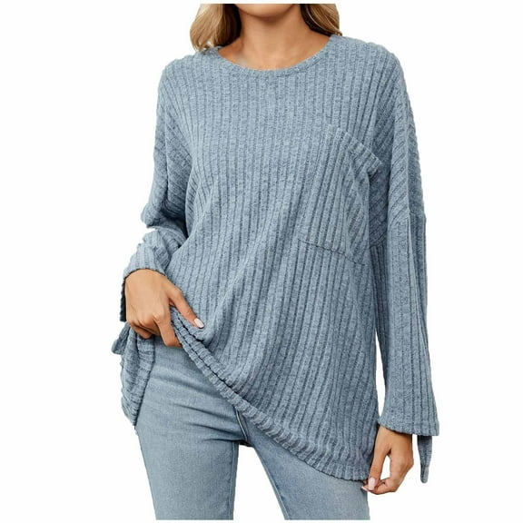 ChaoHeng Sweaters for Women Plus Size Cardigan Fall/Winter,Women's Winter Casual Solid Round Neck Long Sleeves Knitted Pits Loose Sweater Tops(Blue,XXL)