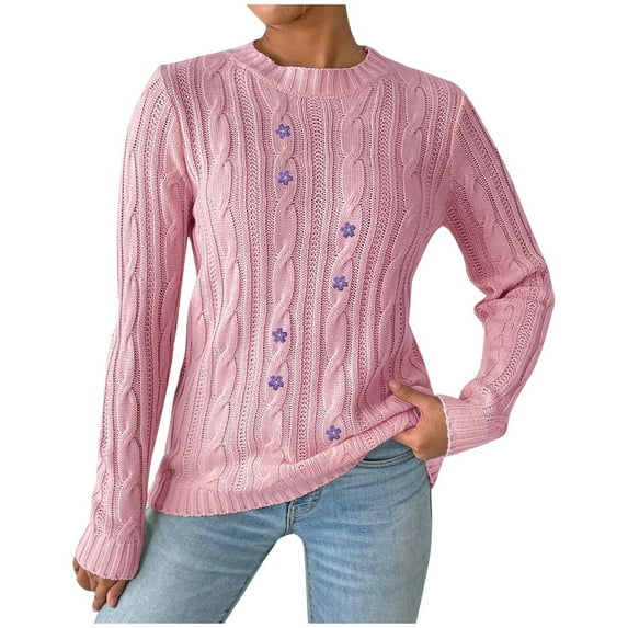 ChaoHeng Sweaters for Women 2025 Fall/Winter Trendy Solid Color Long Sleeve Round Neck Tops Cropped Save Up Under 50%(Pink,M)