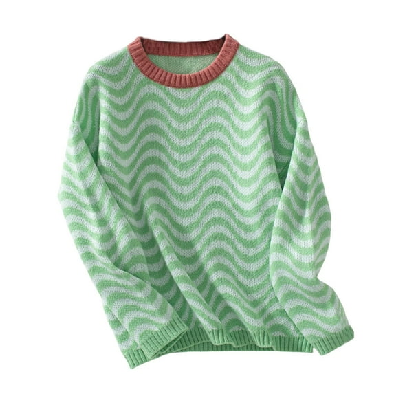 ChaoHeng Sweaters for Women Cropped Cardigan,Women's Winter Loose Wave Striped Knitted Sweater Long Sleeve Round Neck Sweater Top(Green,XL)