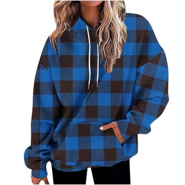 ChaoHeng Sweatshirts and Hoodies Womens Plus Size Save Up under 50%,Women's plaid printed hooded button pocket long sleeved top sweater,Blue,S