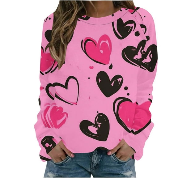 ChaoHeng Sweatshirts for Women Plus Size Women's Valentine's Casual Printed Crew-neck Long-Sleeved Baggy Tops,Summer