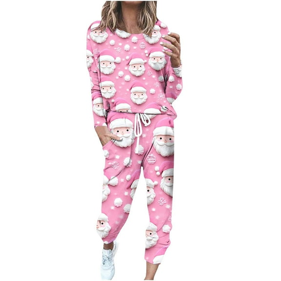 ChaoHeng Sweatsuits for Women Sets 2 Piece Outfits Print Fashion Casual 2025 Christmas (Pink,S)