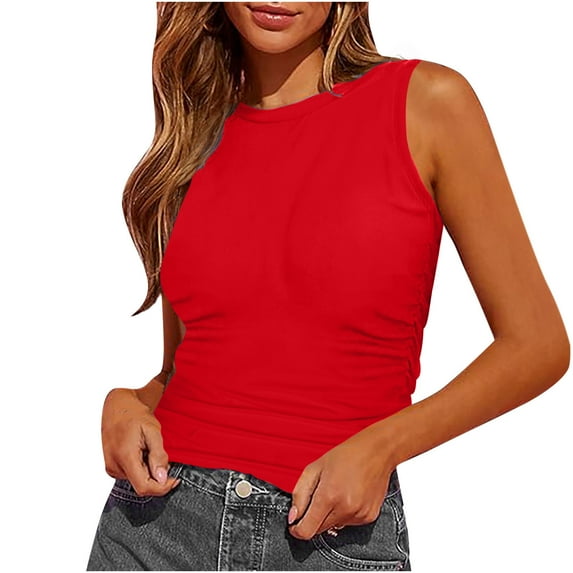 ChaoHeng Tank Tops for Women Summer Tank Tops for Women Clearance Womens Tank Tops Summer Sleeveless High Neck Slim Fitted Blouse Side Ruched Basic Tees Shirts