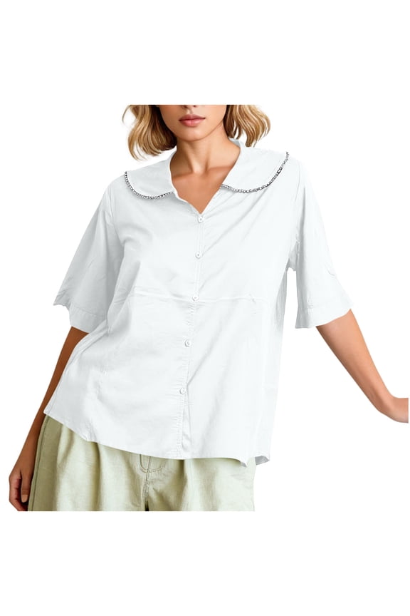 Tank Tops for Women Trendy Summer V-Neck Collar with Turned-up Edges Bias Binding Rolled Cuff Solid Color Button Decoration White M