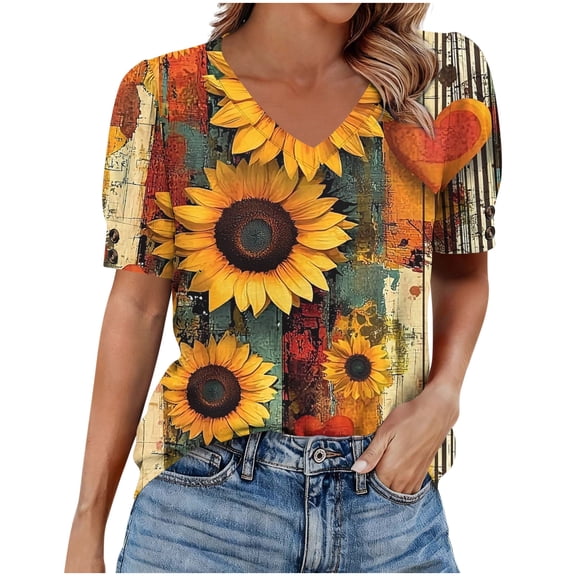ChaoHeng Tops for Women Trendy Women's Fashion Spring/Summer Clothing Base T-shirt Button Short Sleeve V-neck Top/Shirt Yellow S