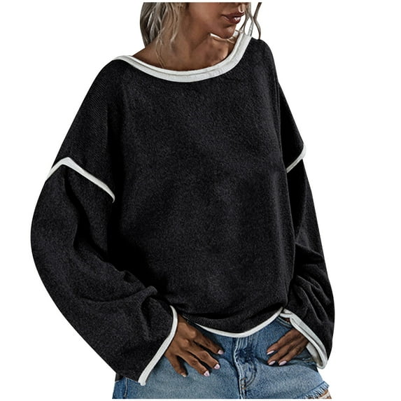 ChaoHeng Trendy Women's Fashion Sweaters New Trendy,Women's Fashion Casual Loose Large Size Long Sleeve Knitted Sweater Crewneck Sweater(Black,L)
