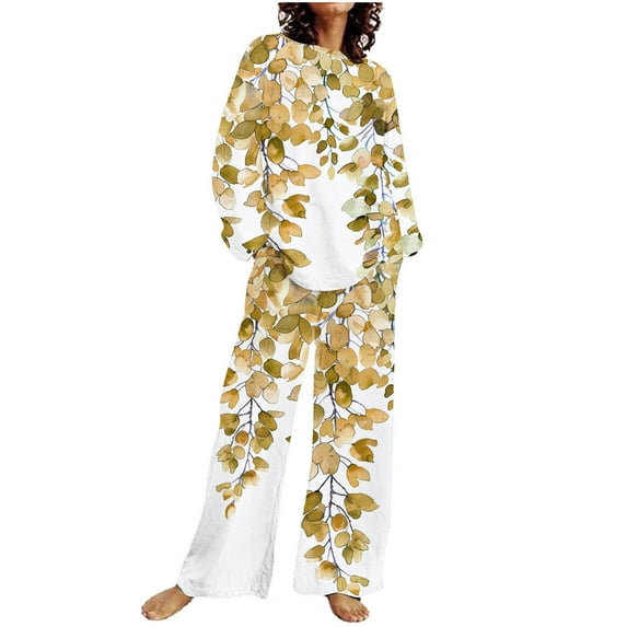 ChaoHeng Two Piece Outfits for Women 2024 Fall Plus Size,Women Casual Loose Fit Home Print Pants Long Sleeve Round-Neck Blouses Sets,Blue,L