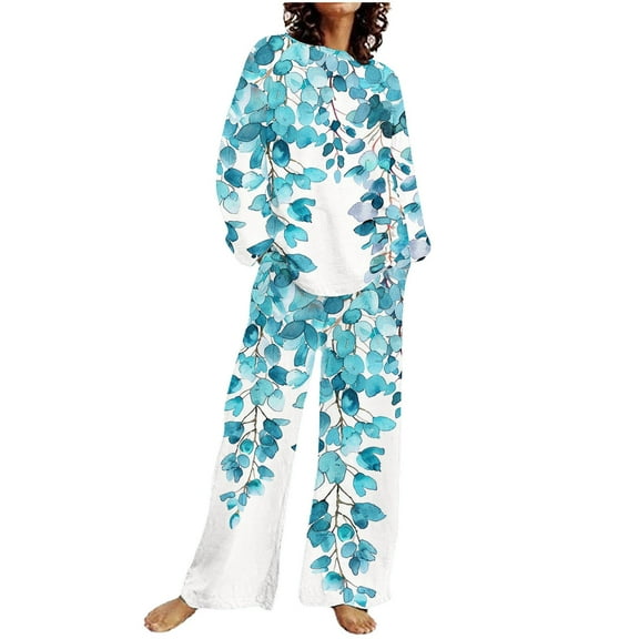 ChaoHeng Two Piece Outfits for Women 2024 Fall Plus Size,Women Casual Loose Fit Home Print Pants Long Sleeve Round-Neck Blouses Sets,Khaki,S