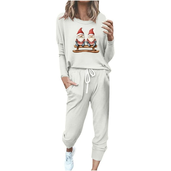 ChaoHeng Women 2 Piece Print Long Sleeve Round Neck Drawstring Sets 2024 Christmas Casual Fashion Trendy(White,S)