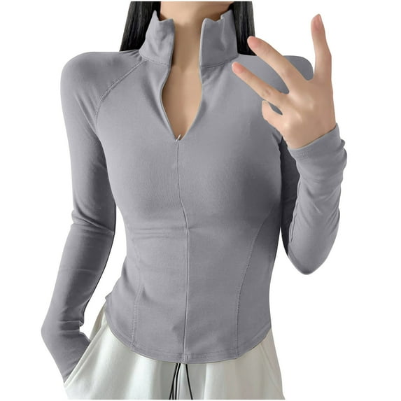 ChaoHeng Women 2024 Promotion on Plus Size Tops $10,Fall And Winter Fashion Solid Woman V-Neck Long Sleeve T-Shirt Loose Blouse Tops(Gray,S)