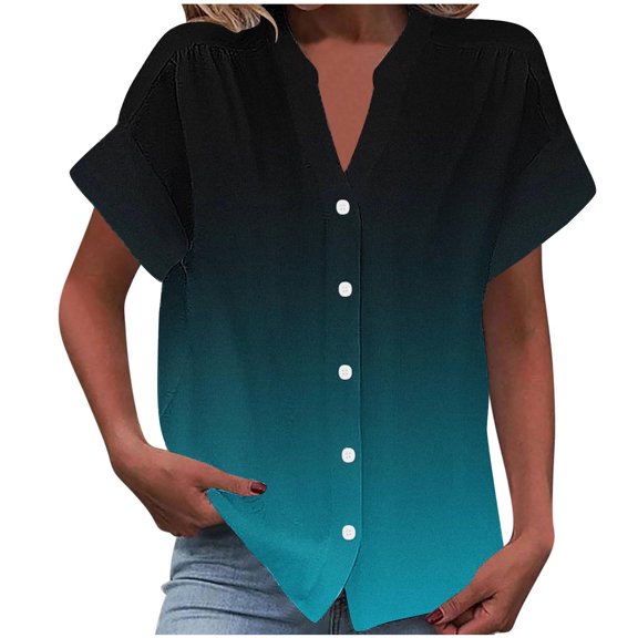 ChaoHeng Women Blouses under $7 Summer Blouses for Women Sales Fashion Women's Short Sleeved Solid Color Spring/summer Button Up Shirt Top