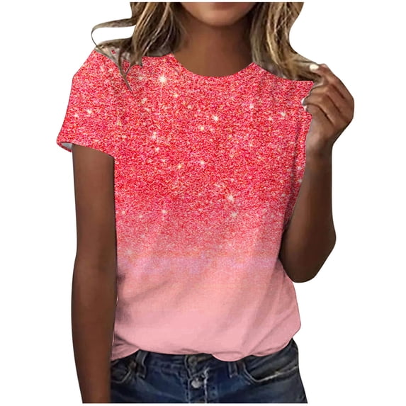 ChaoHeng Women Blouses under $7 Women's Casual Sparkling Crystal Printed Round Neck Short Sleeved Top, of the Day