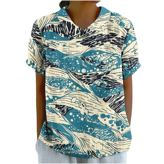 ChaoHeng Women Blouses on Plus Size Summer Tops Women's Ladies Fashion Casual Cropped Short Sleeve Printing Loose Shirt Blouse Top