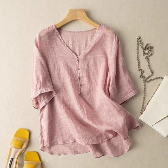ChaoHeng Women Blouses under $10 Breathable V-Neck Linen Shirt Summer 2025 Oversized Tunic with Side Slits,Pink XXL