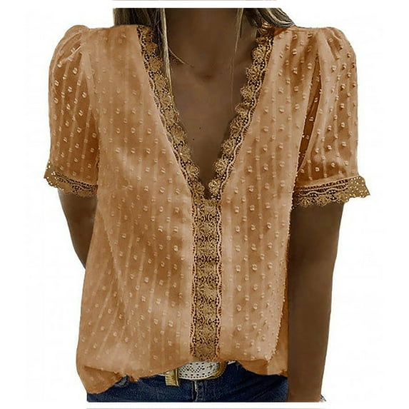 ChaoHeng Women Blouses under $10 Summer Blouses Plus Size Fashion Women's Summer V-Neck Lace Patchwork Short Sleeve Sexy Top Blouse