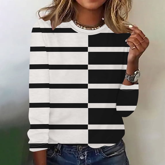 ChaoHeng Women Casual Long Sleeve Print Round Neck Loose T-Shirt Blouse Tops,Women's Sweatshirts and Hoodies Plus Size New Trendy(Black,M)