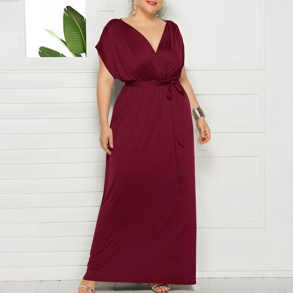 ChaoHeng Women Dresses Clearance under $10 Fall Short Sleeve Dresses for Women 2025 Trendy Women's Plus-size Solid Color V-Neck Loose Dress Short Sleeve Round Neck Ankle-length Dress
