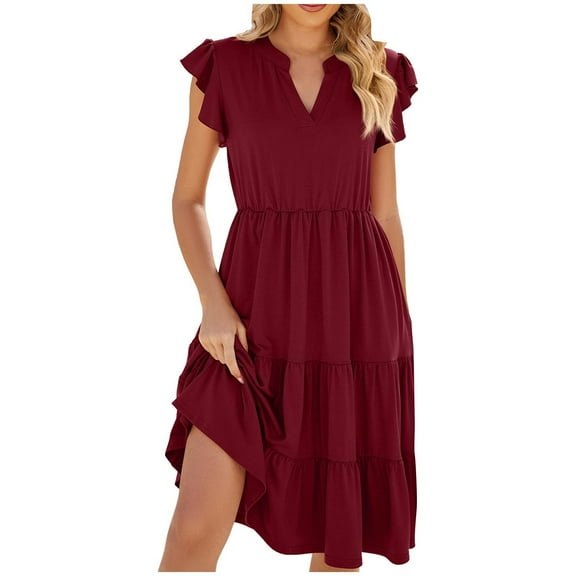 Spring Tops for Women!ChaoHeng Women Dresses under $10 Free Shipping Short Sleeve Dresses for Travel Women's V-Neck Ruffle Sleeve Short Sleeved Solid Color Casual Dress