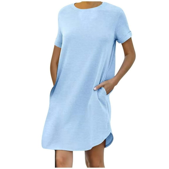 ChaoHeng Women Dresses under $10 Free Shipping Trendy Dresses Women's Fashion Summer Leisure Sports Curled Sleeves Solid Color Double Pocket Short Sleeve Dress T-shirt Skirt