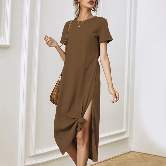 ChaoHeng Women Dresses under $10 Plus Size Fall Fashion for Women 2025 Trendy Dresses Women's Fashion Summer Loose Short Sleeve Round Neck Solid Color Dress
