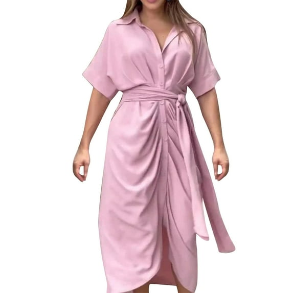 ChaoHeng Women Dresses under $10 Plus Size Summer Dresses for Women 2025 New Women's Summer Shirt Style Waist Collection Short Sleeved Flip Collar Printed Holiday Long Dress