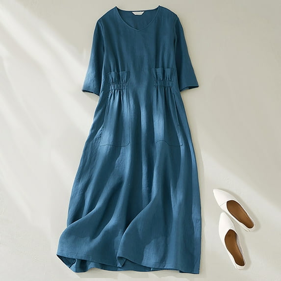 ChaoHeng Women Dresses under $10 Summer Dresses for Women Plus Size Women's Summer and Linen Solid Color Literary Leisure V-Neck Pleated Large Dress