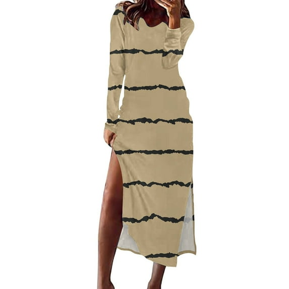 ChaoHeng Women Dresses $5.00 Party Dresses for Women Women' Printed Long Sleeve V-Neck Mid Calf Dress