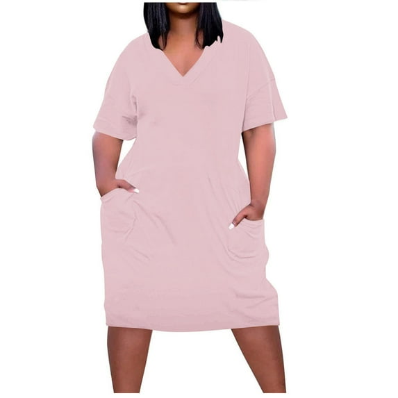 ChaoHeng Women Dresses $5.00 Short Sleeve Dresses Plus Size Plus Size Dress for Women V Neck Summer Solid Casual Sundresses Pocket Knee Short Sleeve with Pockets