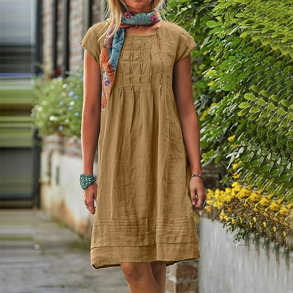 ChaoHeng Women Dresses $5.00 Short Sleeve Dresses for Women 2025 Vacation Women's Round Neck Short Sleeved Pleated Solid Linen Loose Fitting Dress
