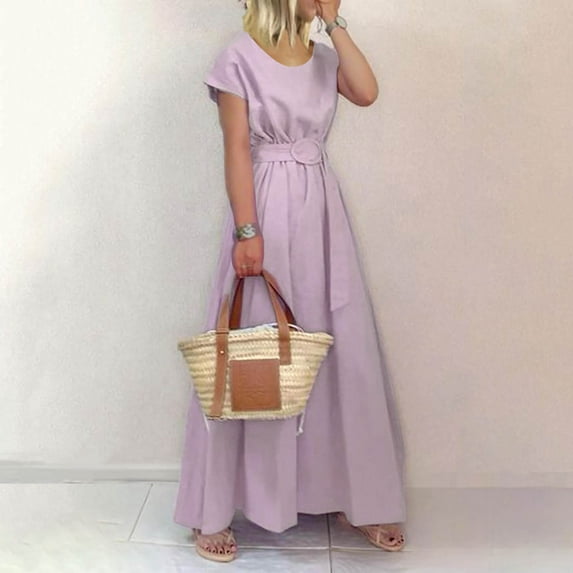 ChaoHeng Women Dresses on Clearance Casual Short Sleeve Dresses for Women Women's Summer Fashion Round Neck Short Sleeve Solid Color Belt Plus Size Dress