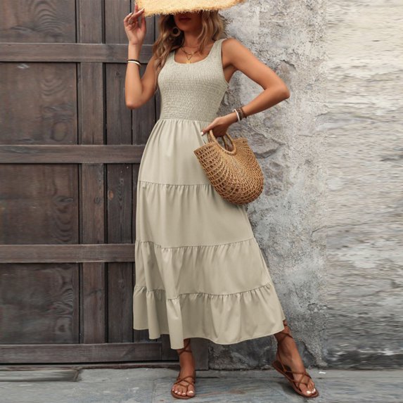 ChaoHeng Women Dresses Clearance under $10 Women's A-Line Slip Dress Ruffled Hem Round Neck, Sleeveless Solid Color,Beige S