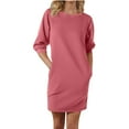 thumbnail image 1 of ChaoHeng Women Dresses Fall Winter Party Dresses for Women Women's Casual Round Neck Five Quarter Sleeve Pocket Solid Color Dress, 1 of 1