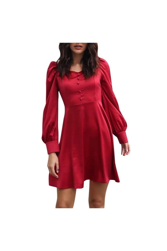 Women Dresses on Trendy Dresses for Women 2025 Fall Women Fashion Casual Neck Puff Sleeve French Long Sleeve Solid Color Dress