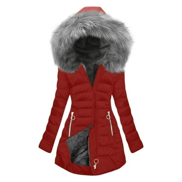 ChaoHeng Women Jackets Solid Color Pocket Zipper Tops Plus Size 2025 Trendy,Women Fashion Long-Sleeve Zipper Pockets Hooded Cotton-Padded Jacket Coat Blouse(Red,S)