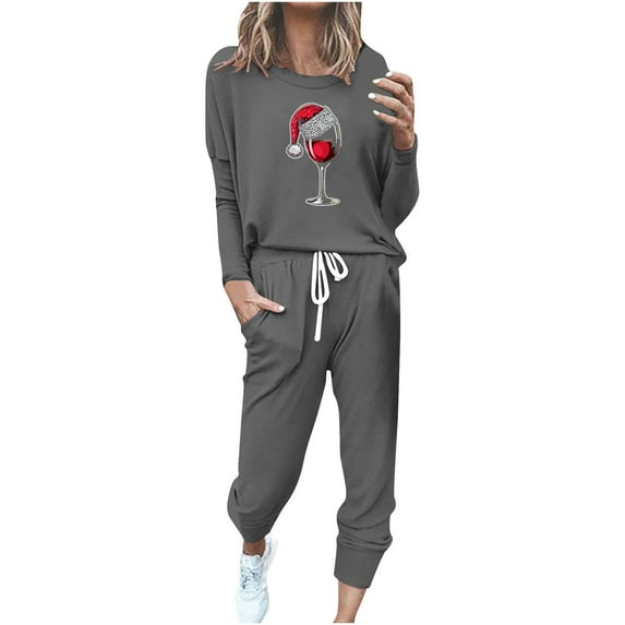 ChaoHeng Women Long Sleeve Round Neck Drawstring Casual Sets 2 Piece Outfits for 2024 Christmas Trendy(Gray,XL)